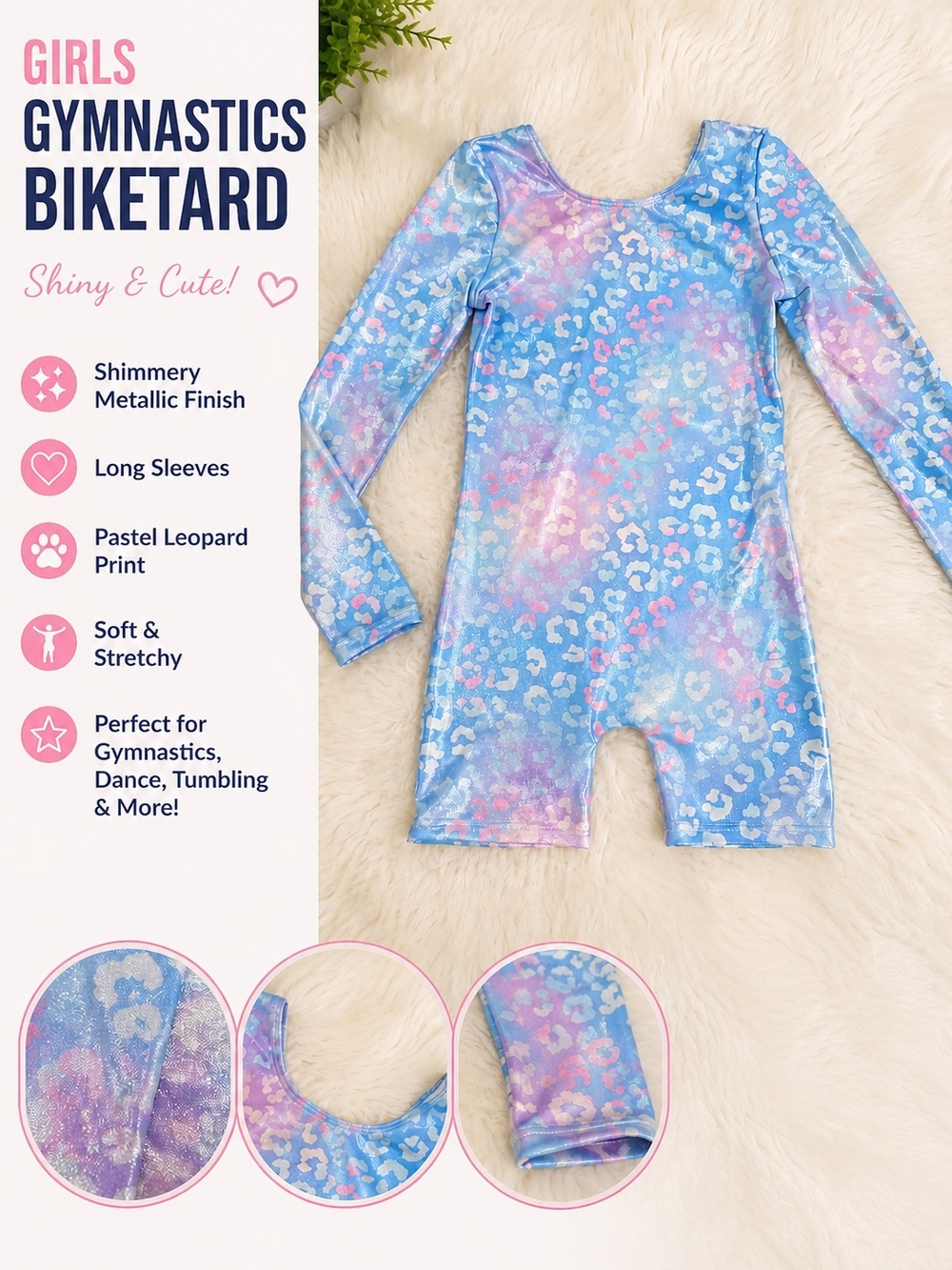 Girls Shimmery Pastel Leopard Long-Sleeve Gymnastics Biketard